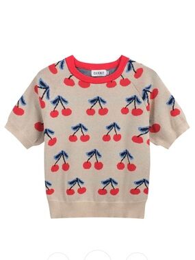 Oxknit Beige Cherry Knit Top with Red Trim